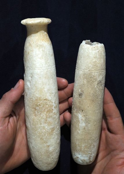Alabaster bottles excavated in the south of Israel. Photo by Clara Amit, courtesy IAA