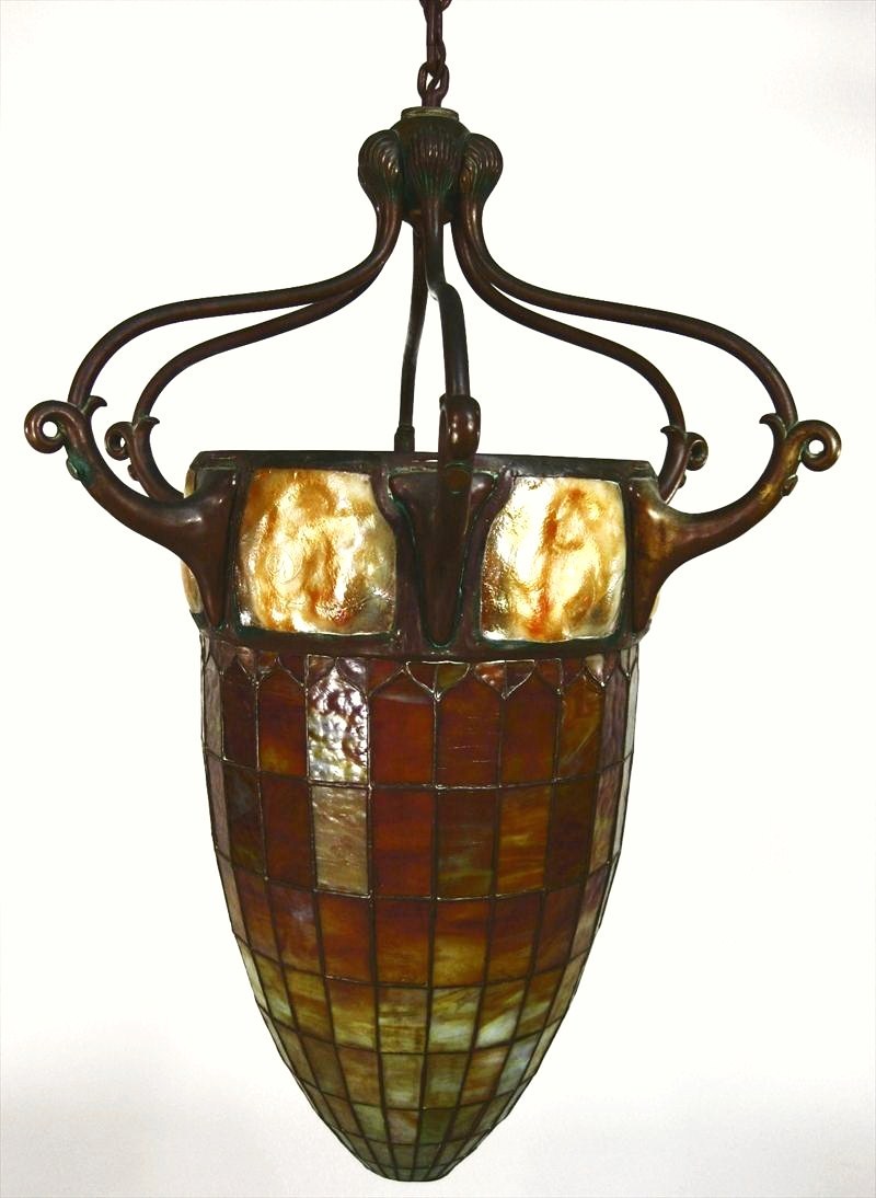 A Rare Tiffany Studios Turtleback Tile, Leaded Glass &   Bronze Acorn Form Hanging Lantern.  Sold for $117,000.