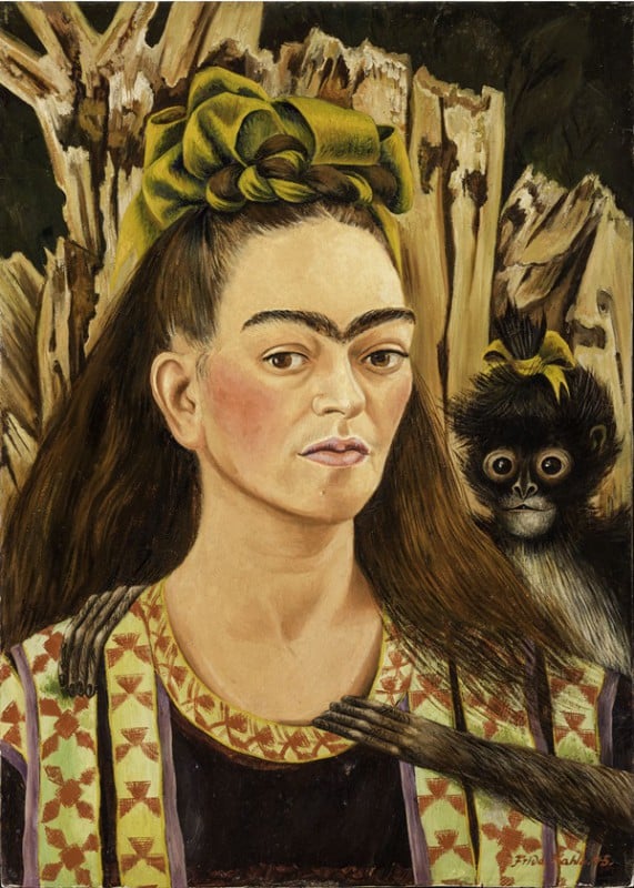 Frida Kahlo, Self Portrait with Monkey (1945).  Robert Brady Museum, photographer: Tachi © 2014 Banco de México Diego Rivera Frida Kahlo Museums Trust, Mexico, D.F. / Artists Rights Society (ARS), New York