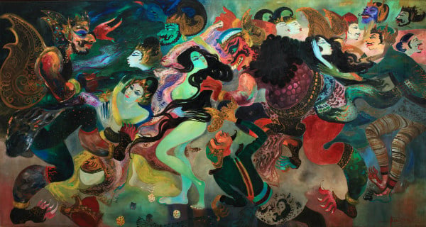 Hendra Gunawan “Pandawa Dadu (The Dice Game from the Mahabharata Epic)” (1971) achieved HK$26.4 million / US$3.39 million, setting a new auction record for the artist. Image courtesy of Sotheby's HK.