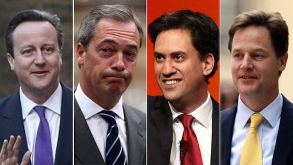 David Cameron from the Conservaties, Nigel Farage from UKIP, Ed Miliband from the Labor Party, and Nick Clegg from the Liberal DemocratsPhoto via: Super Onm