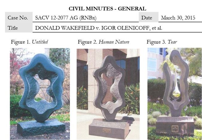Court documents show Donald Wakefield's original sculpture Untitled (left) along with works commissioned by Igor Olenicoff from a Chinese sculptor. Human Condition (center) and A Tear Must Fall (right). Photo: Courtesy Pacer.gov