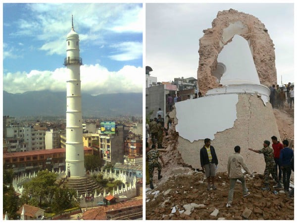 The Dharahara in Kathmandu before and after the earthquake. Photo via the Times of India.