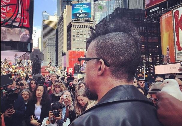 Artist Dread Scott speaking in support of Tania Bruguera in Times Square today.