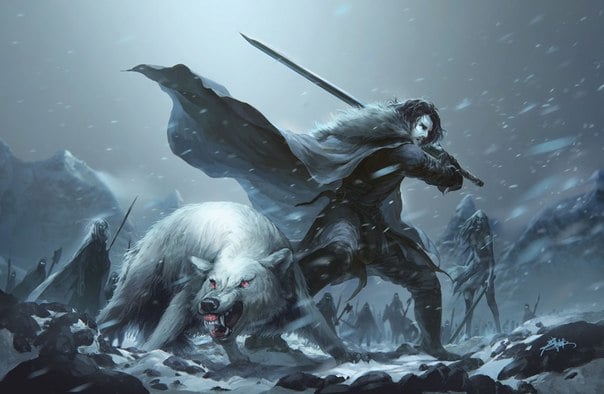Mujia Liao, <em>Jon Snow and Ghost</em>, from <em>Draw 'Em With the Pointy End</em>, a book of <em>Game of Thrones</em> fan art seeking funding on Kickstarter.