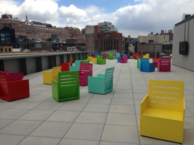 Mary Heilmann, Monochromatic Chairs (2015), at the Whitney Museum. Photo: Sarah Cascone.