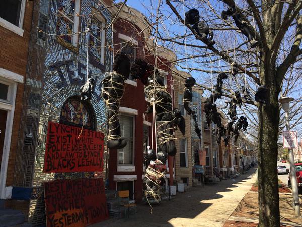 Loring Cornish's Baltimore art installation protesting the deaths of unarmed black men at the hands of police. Photo: Joy Lepola Stewart, via Twitter.