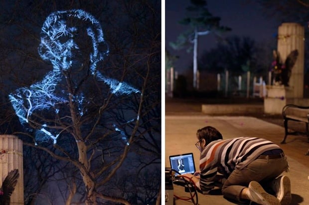 The Illuminator's Edward Snowden projection in Brookyn's Fort Greene Park. Photo: the Illuminator. 