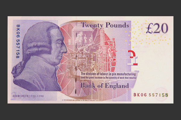 The Scottish economist Adam Smith is pictured on the current £20 note. Photo: Courtesy of World Bank Notes & Coins Pictures http://www.worldbanknotescoins.com