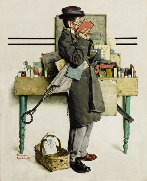 Property from The Warshawsky Collection. Norman Rockwell, Man With Nose In Book (The Bookworm) (1926). Est. $1.5/2.5 million Sold for $3,834,000.