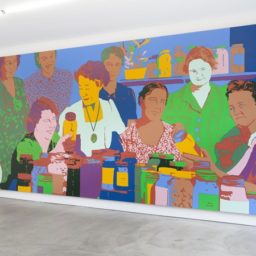 Lisa Ruyter, Louise Rosskam: Washington, D.C. Canning class conducted by the Mother's Club at the Barney neighborhood houses, Southwest Washington, 2015, acrylic on canvas. Courtesy Eleven Rivington, New York.