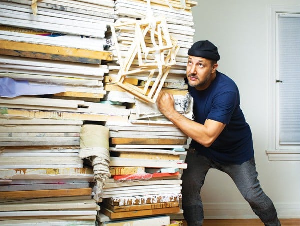 Stephen Simchowitz with Untitled Stack by Zachary Armstrong Photo: Gregg Segal via LA Mag