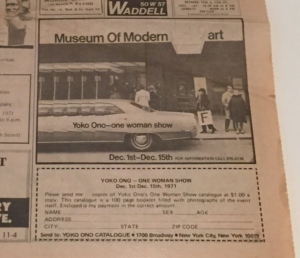 Ad for Yoko Ono's "Museum of Modern (F)art" show in the Village Voice, on view in "Yoko Ono: One-Woman Show"