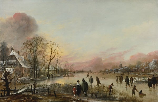 Aert van der Neer, Frozen River at Sunset (1677)