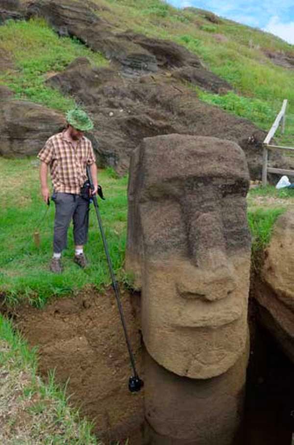 An excavated statue on Easter Island. Photo by Greg Downing, courtesy of the Easter Island Statue Project.