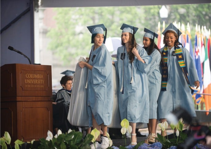 Emma Sulkowicz carrying her mattress at her Columbia graduation in the conclusion of Carry That Weight. Photo: the Columbia Spectator.