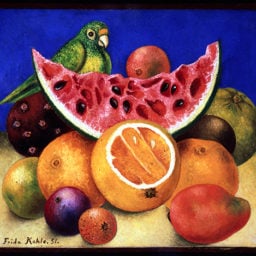 Frida Kahlo, Still Life with Parrot and Fruit (1951) Photo: courtesy Harry Ransom Center, the University of Texas at Austin, © 2014 Banco de México Diego Rivera Frida Kahlo Museums Trust, Mexico, D.F./Artists Rights Society (ARS), New York.