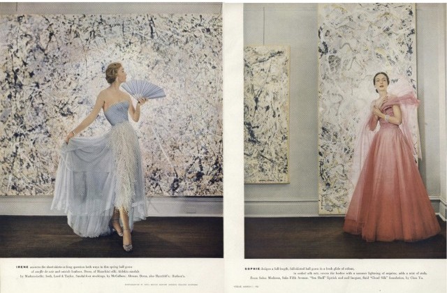 A 1950 Vogue spread shot by Cecil Beaton shows Pollock's painting Number 27, 1950 (right), hanging vertically at Betty Parsons Gallery.