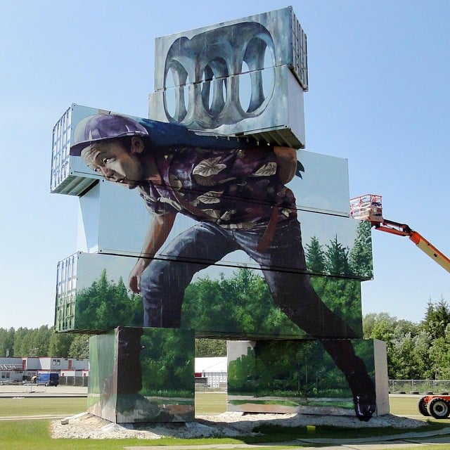 Fintan Magee, <em>Carrying the Pointless monument</em> (2015), at North West Walls, Werchter, Belgium. Photo: Fintan Magee.