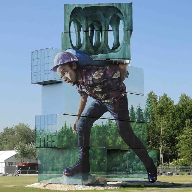 Fintan Magee, Carrying the Pointless Monument (2015), at North West Walls, Werchter, Belgium. Photo: Fintan Magee.