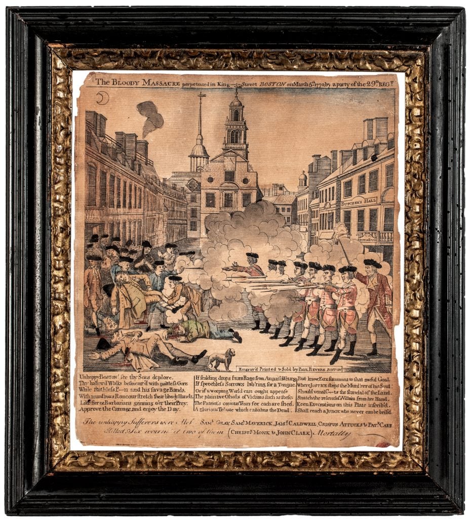 Paul Revere, The Bloody Massacre perpetrated in King Street, BOSTON, on March 5th 1770, by Party of the 29th REGt. (1770). The famed engraving of British Redcoat soldiers firing on innocent colonists that helped incite support for the Revolutionary War. On the bottom left lies the body of Crispus Attucks, the sailor of Indigenous and African descent considered the first American casualty in the War for Independence.