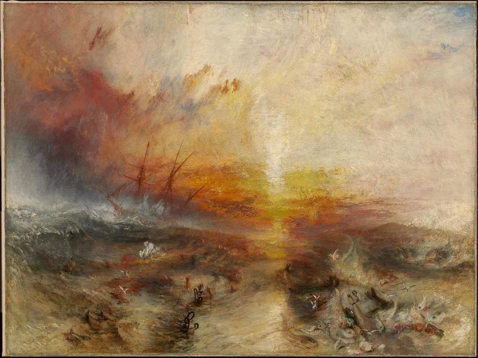 J.M.W. Turner, <em>Slave Ship (Slavers Throwing Overboard the Dead and Dying, Typhoon Coming On)</em> (1840). Photo: courtesy Museum of Fine Arts, Boston.