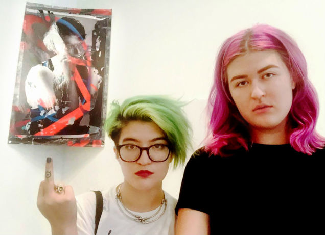 Arabelle Sicardi and Tayler Smith, in front of Zak Arctander's <em>Cheeks</em> (2015), which appropriates their earlier work by the same name. Photo: Arabelle Sicardi and Tayler Smith. 
