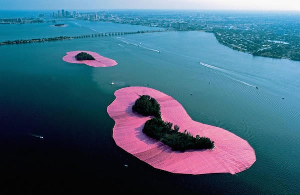 Christo and Jeanne-Claude Surrounded Islands, Biscayne Bay, Greater Miami, Florida (1980-83)  Photo: Wolfgang Volz via christojeanneclaude.net