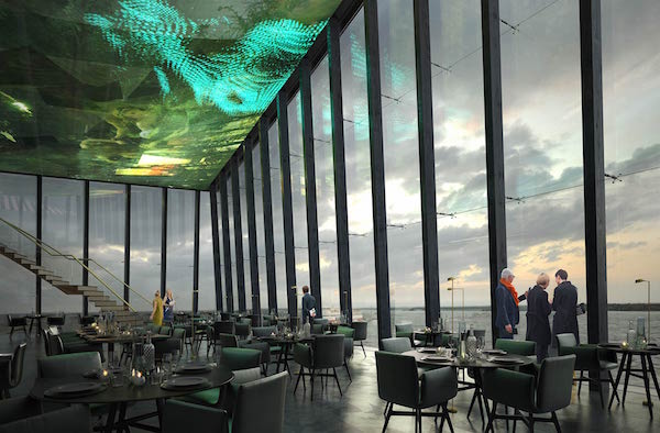 Rendering of the museum restaurant with view of the harbor Photo: Design Guggenheim Helsinki