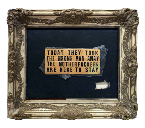 Superm (Brian Kenny and Slava Mogutin)  Motherfuckers, 2011 Tape, cardboard, found text, and found frame 23 x 27 in.Photo: Courtesy of the artists.