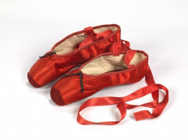 Red ballet shoes made for Victoria Page (Moira Shearer) in The Red Shoes (1948). Photo: courtesy Northampton Museums and Art Gallery. 