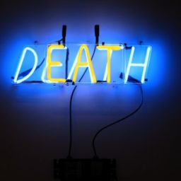 Bruce Nauman, EAT DEATH, 1972, yellow (EAT) glass tubing superimposed on blue (DEATH) tubing w/ glass tubing suspension frame, edition of 6. Courtesy Sperone Westwater, New York.