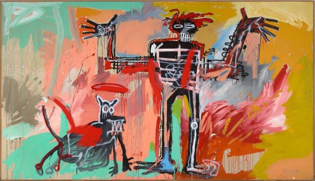 Jean-Michel Basquiat, Boy and Dog in a Johnnypump (1982). The painting, in the artist's signature Neo-expressionist style, shows a black dog and a black man with a skull-like head against a colorful background in orange, yellow, and green.