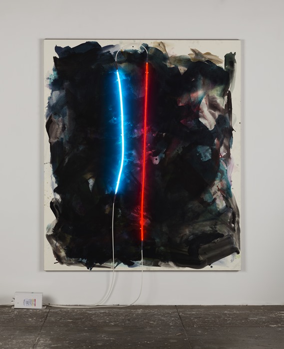 Mary Weatherford, down Los Angeles, 2014, Flashe and neon on linen. Courtesy David Kordanksy Gallery, Los Angeles.
