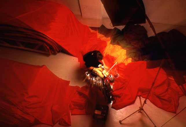 Gilbert Baker sewing the Rainbow Flag in NYC, 1994.  Photo: Mick Hicks, via  MoMA.