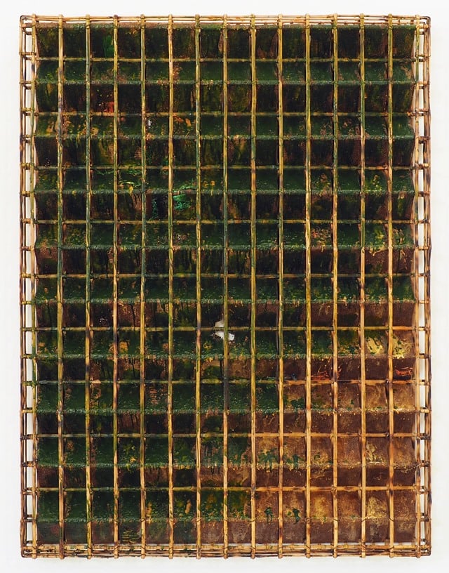 Sopheap Pich, Green Lines in Green Field, 2014, bamboo, rattan, wire, burlap, plastic, natural pigment, oil paint, beeswax, damar resin, synthetic resin. Courtesy of Tyler Rollins Fine Art, New York.