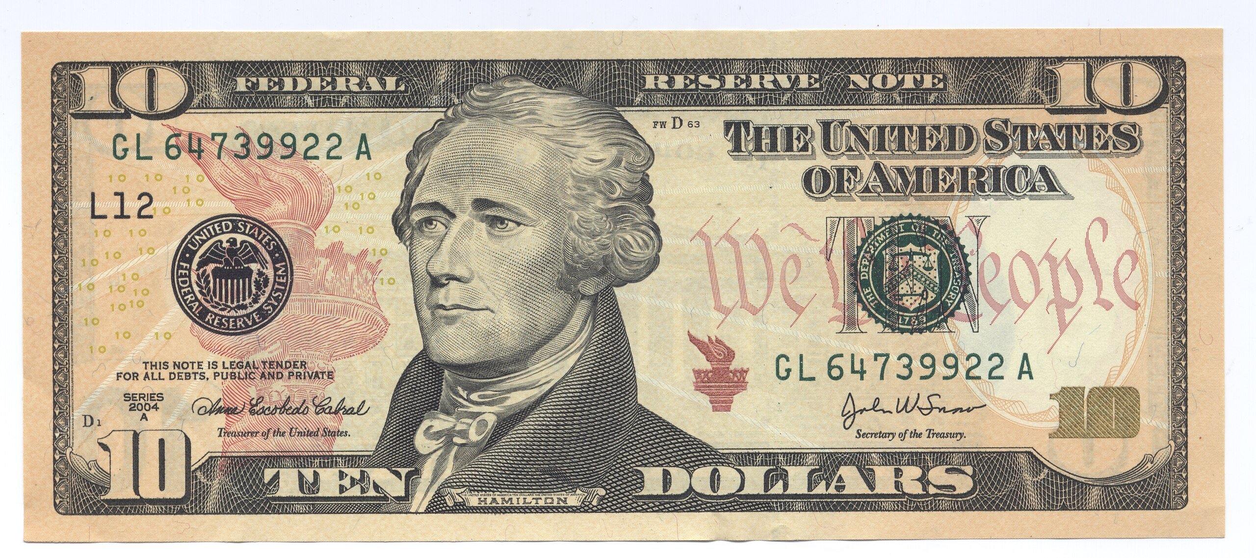 A 2004-era $10 bill from the U.S. featuring Alexander Hamilton. Photo courtesy of the United States Treasury Bureau of Engraving and Printing, public domain.