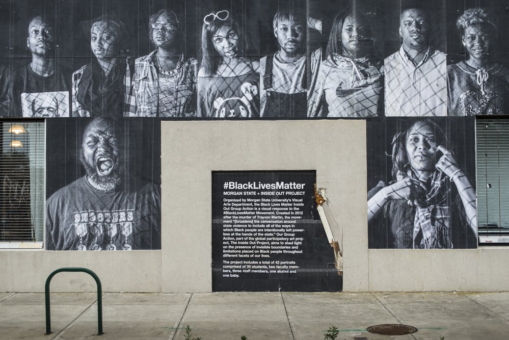 A #BlackLivesMatter public art piece from Morgan State University students, created as part of JR's ongoing Inside Out project. Photo: Christopher Metzger and Kelli Williams.