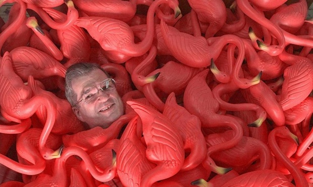 Donald Featherstone with a number of pink flamingos in 1999. Photo: Amy Sancetta, courtesy AP Photo.
