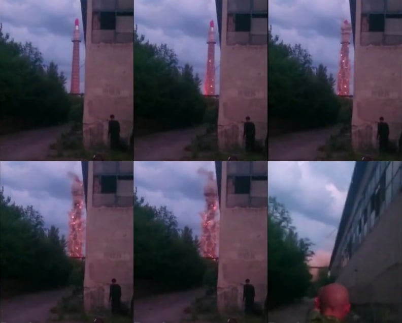 The Donstsk People's Republic (DPR) destroy's Pascale Marthine Tayou's Transform! (2012), at the Izolyatsia Center for Cultural Initiatives. Photo: video stills.
