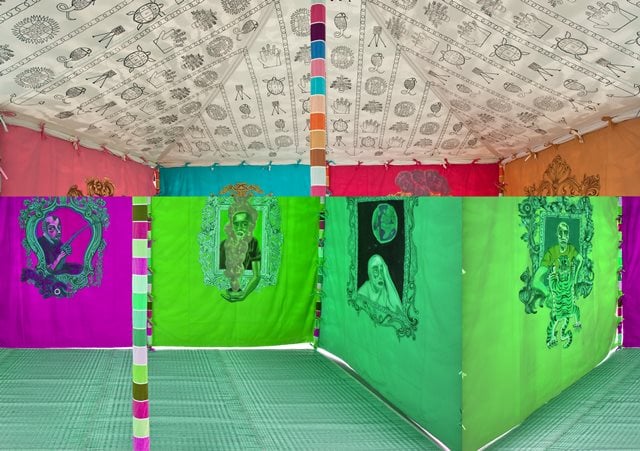 Francesco Clemente, Museum Tent, 2013 (interior view), tempera on cotton and mixed media. Courtesy of the artist and Blain/Southern Gallery, Berlin.