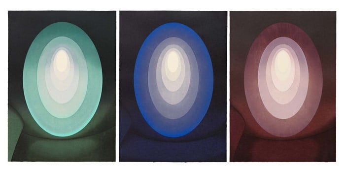 James Turrell, Suite from Aten Reign, 2014, suite of three Ukiyo-e Japanese-style woodcuts with relief printing. Courtesy of Richard Levy Gallery, Albuquerque.