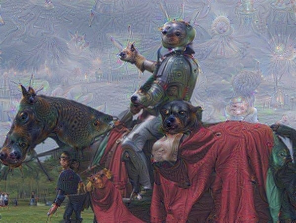 Artificial neural networks found animals all over the original photo of a knight.<br>Photo: Michael Tyka, Google</br>