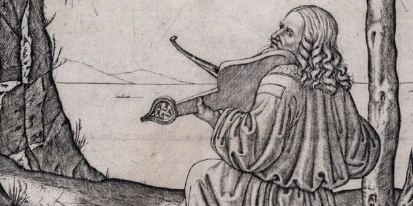 Marcantonio Raimondi's 1505 engraving may show Leonardo da Vinci playing an instrument called a lira da braccio. Photo: courtesy Cleveland Museum of Art.