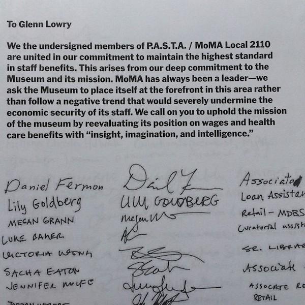 Detail of the open letter presented to MoMA head Glenn Lowry this morning by members of Local 2110