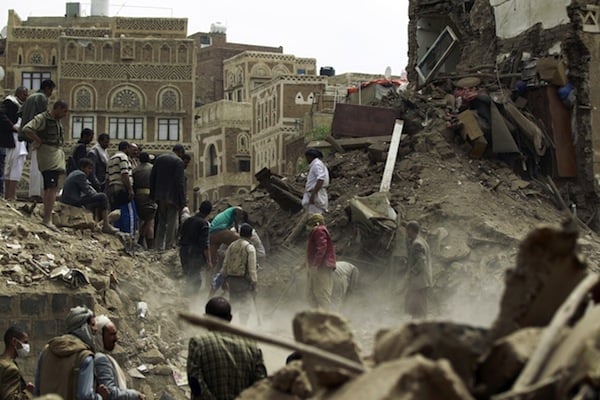 Yemenis search for survivors under the rubble left by the airstrike.Photo: Mohammed Huwais/AFP/Getty Images via the Guardian