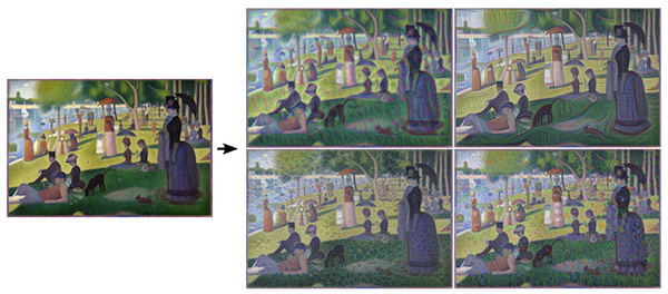 Georges Seurat's <i>A Sunday Afternoon on the Island of La Grande Jatte</i> at four various stages of Inceptionism. <br>Photo: Micheal Tyka</br>