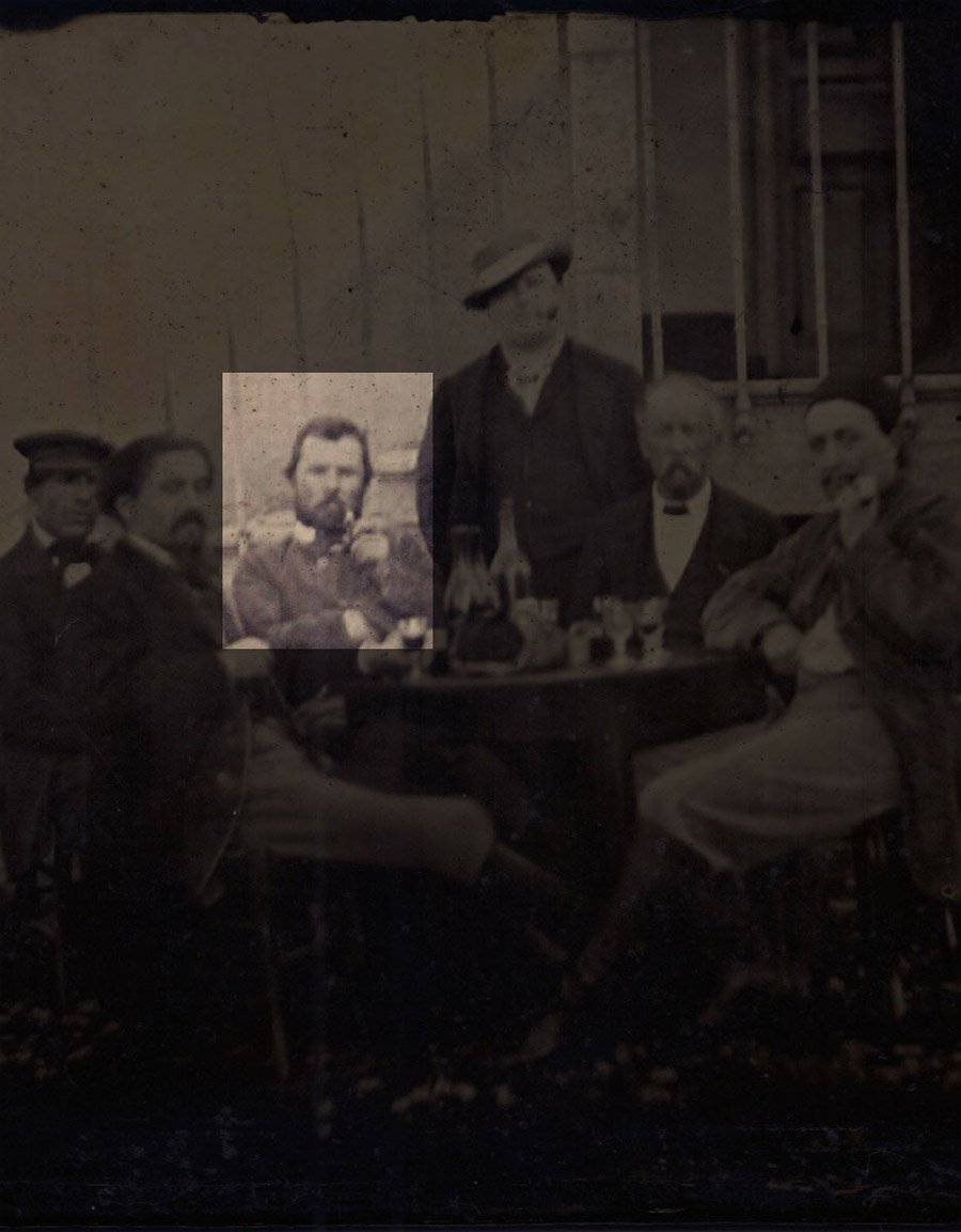 Jule Antoine, photo possibly depicting Vincent van Gogh (highlighted), 1887. Photo: courtesy Romantic Agony. 
