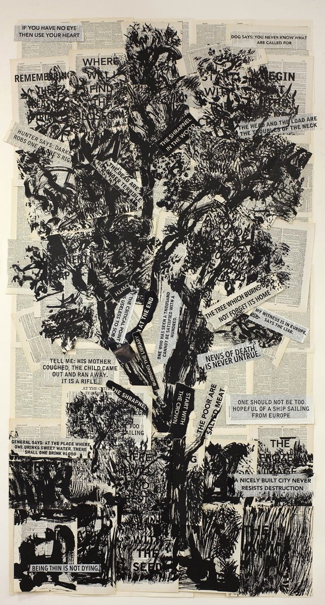 William Kentridge, IF YOU HAVE NO EYE, 2014, linocut printed on a selection of non-archival dictionary pages, collaged and attached with archival tape to a backing sheet of Arches paper. Courtesy of Greg Kucera Gallery, Seattle.