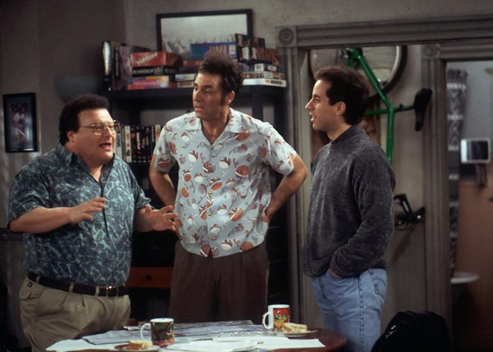 The Newman, Kramer, and Jerry, in the original set for Jerry Seinfeld's apartment. Photo: Joey Delvalle, courtesy NBCU Photo Bank.